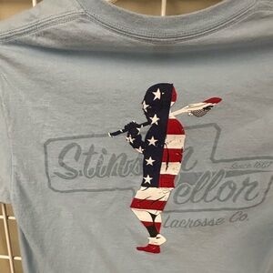 Stinson Mellor Lacrosse Company Blue short sleeve T-Shirt size small. Cotton.